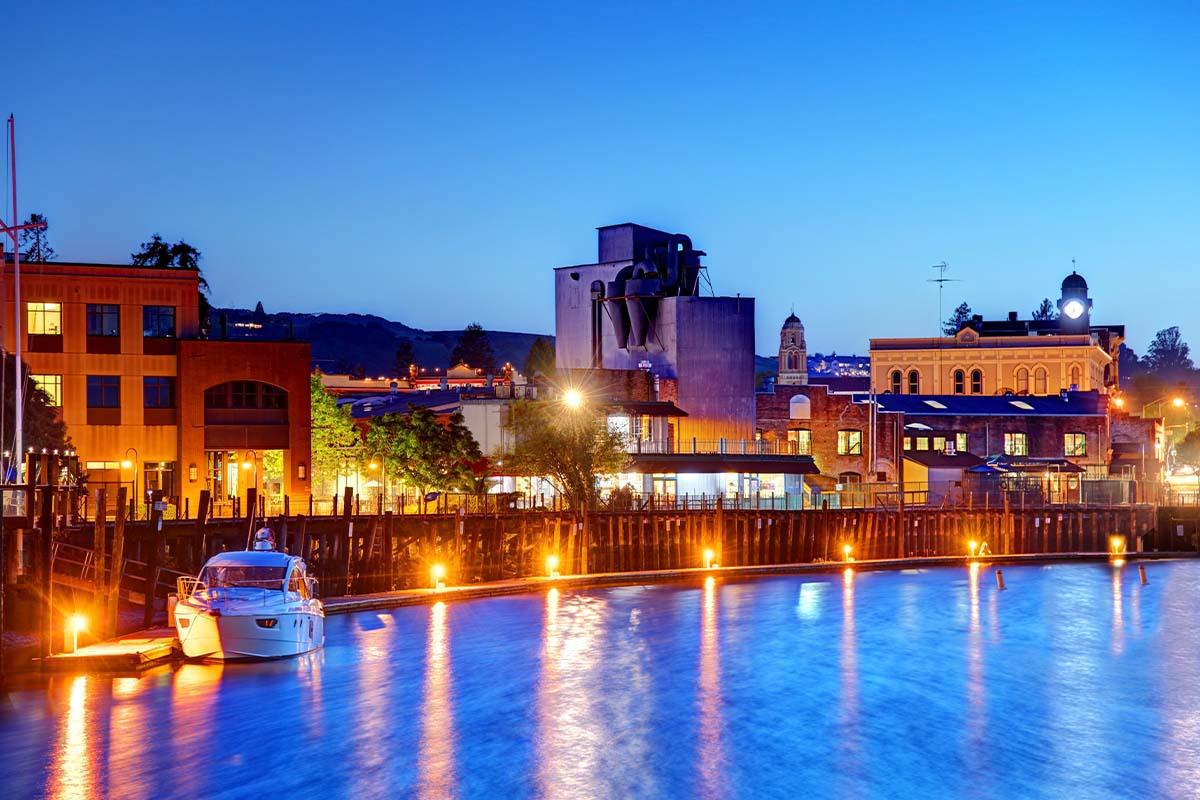 Downtown Petaluma waterfront at blue hour
